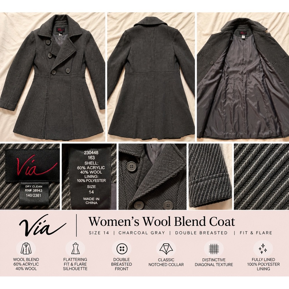 Via Womens Size 14 Wool Blend Swing Coat Charcoal Gray Double Breasted